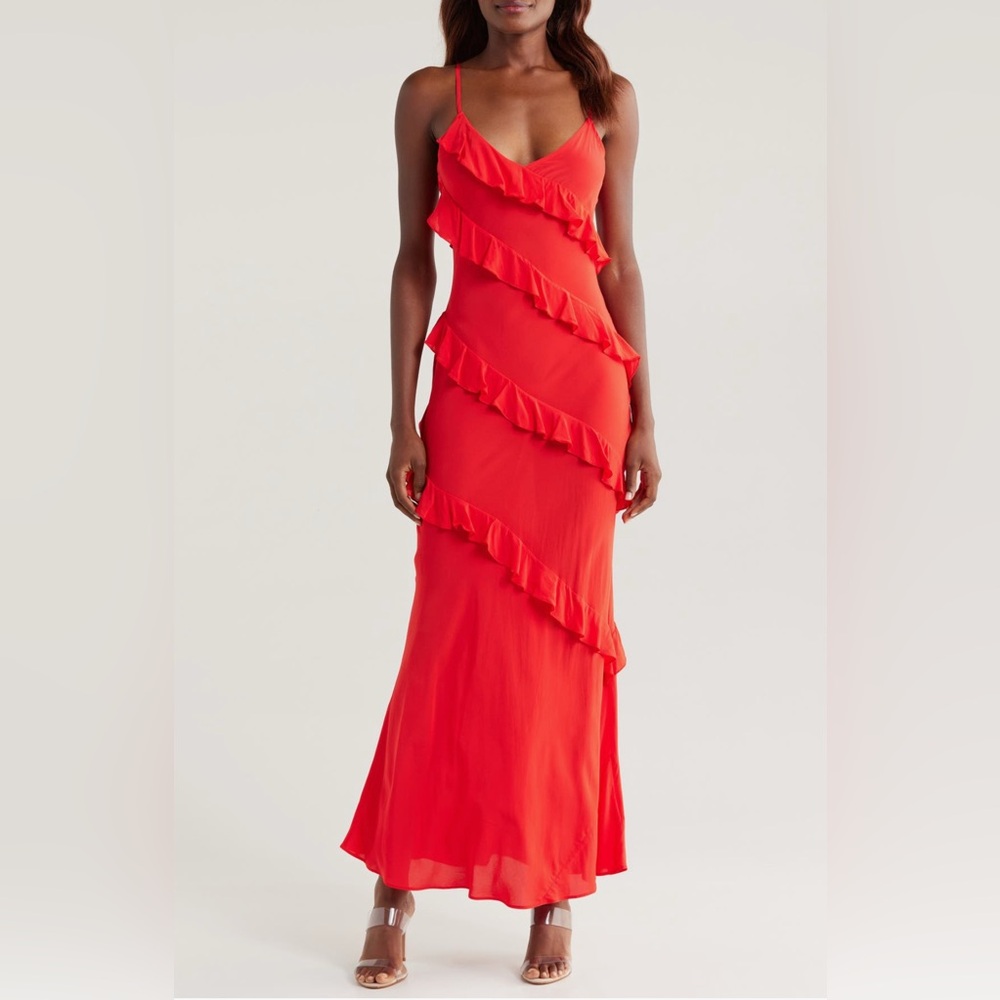 XS Good American chiffon ruffle bias slip maxi dress in grenadine. NWT